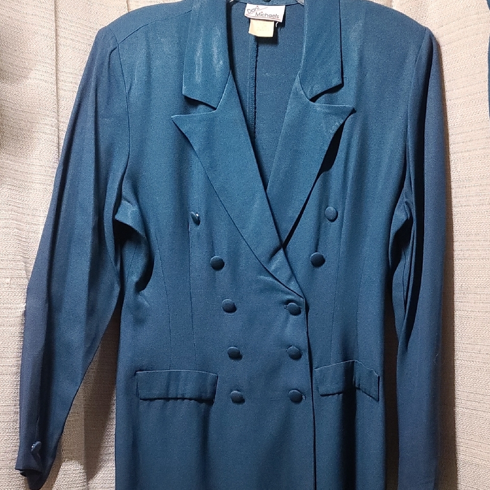Blazer & Pencil Skirt Teal Blue w Notched Lapels Double Breast Long Jacket